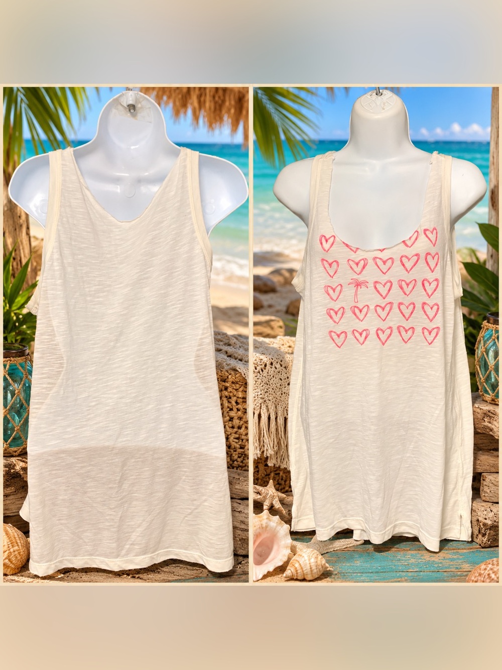 🌴 Pink Shell Beach Resort Hearts Tank Top – White & Pink